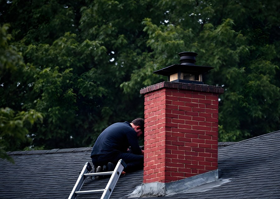Chimney sweep at work near Hickory Creek, TX