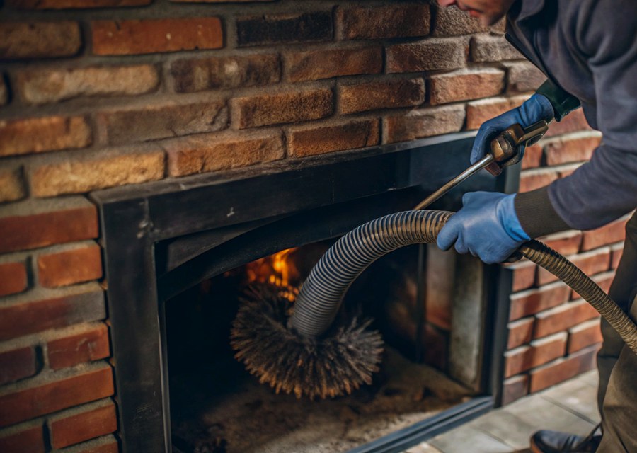 Chimney sweep at work near West Boylston, MA