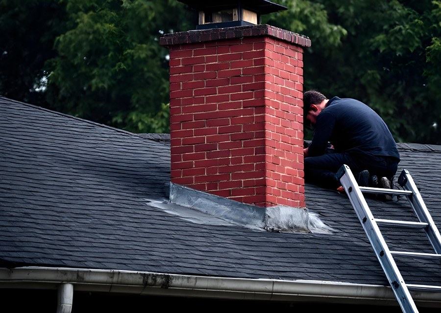 Chimney sweep at work near Wakefield, MA