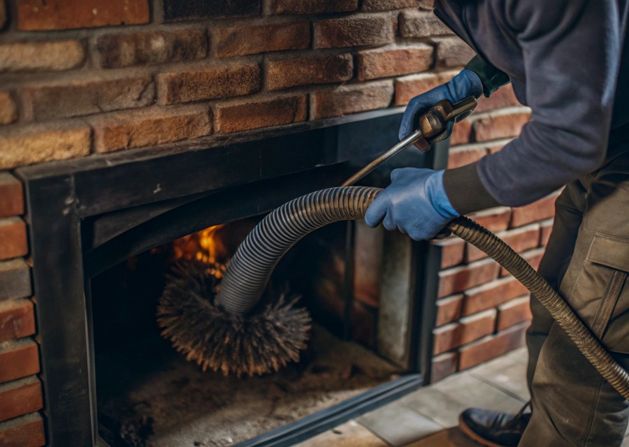 Chimney sweep at work near Poteet, TX