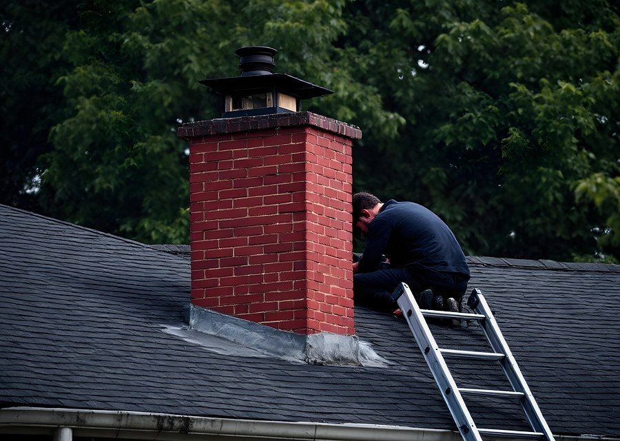 Chimney sweep at work near Tioga, TX