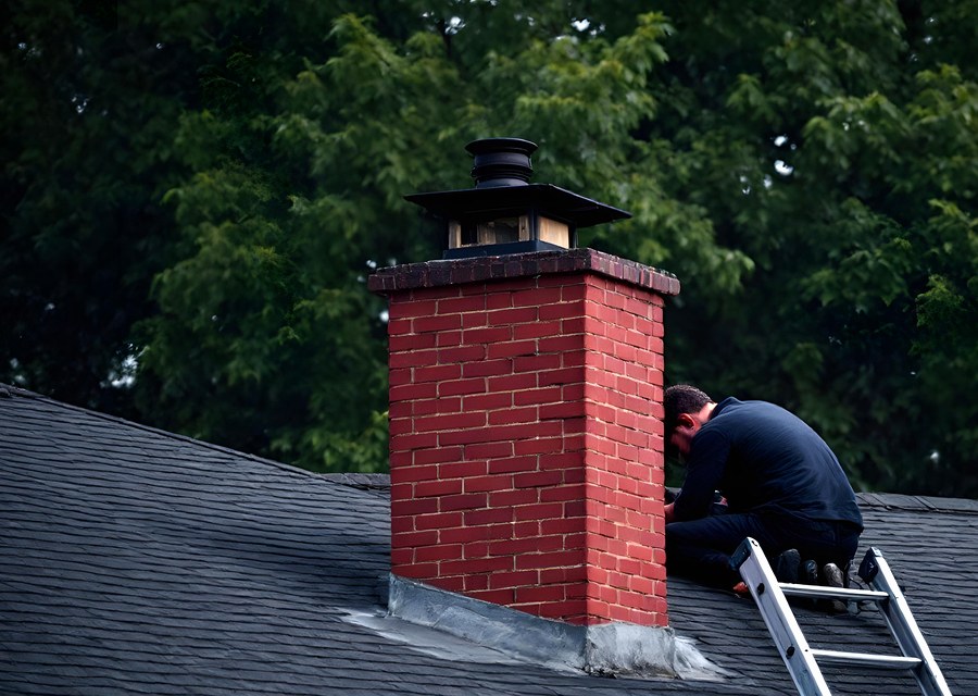 Chimney sweep at work near Seguin, TX