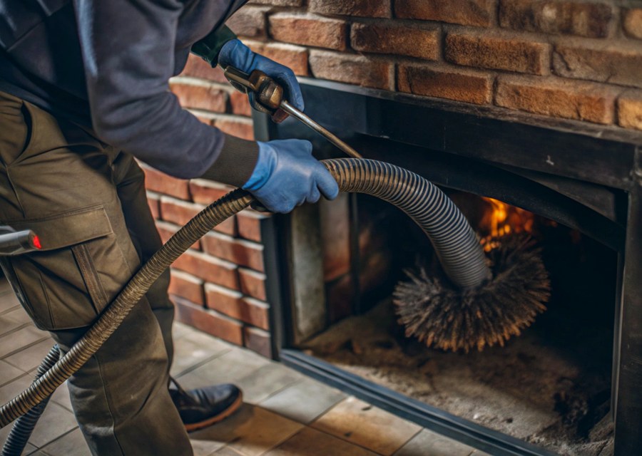 Chimney sweep at work near South Hadley, MA