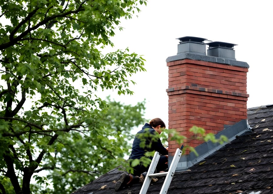 Chimney sweep at work near Manor, TX