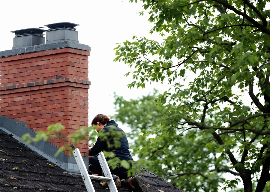 Chimney sweep at work near Montague, MA