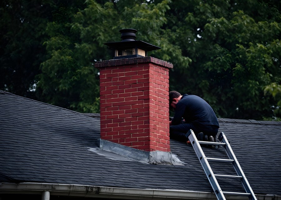 Chimney sweep at work near Wills Point, TX