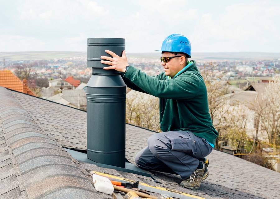 Chimney sweep at work near Sweeny, TX