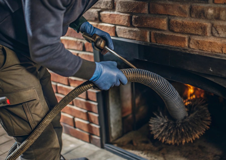 Chimney sweep at work near Medway, MA