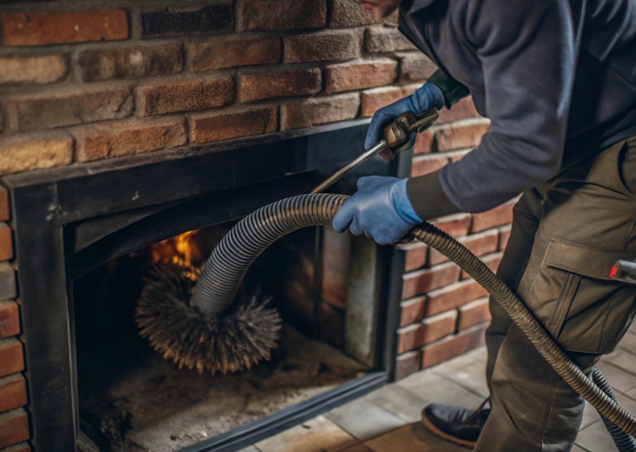 Chimney sweep at work near Bedford, TX