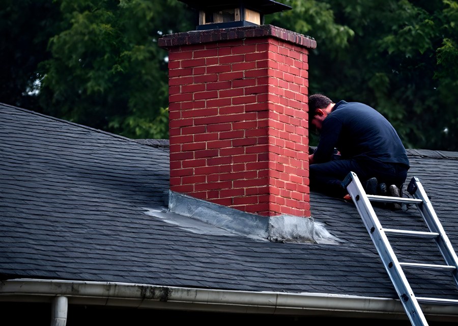 Chimney sweep at work near Woburn, MA