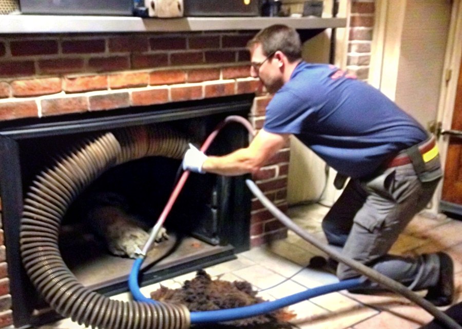Chimney sweep at work near Hingham, MA