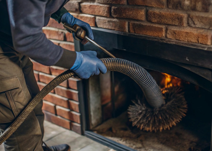 Chimney sweep at work near Hadley, MA