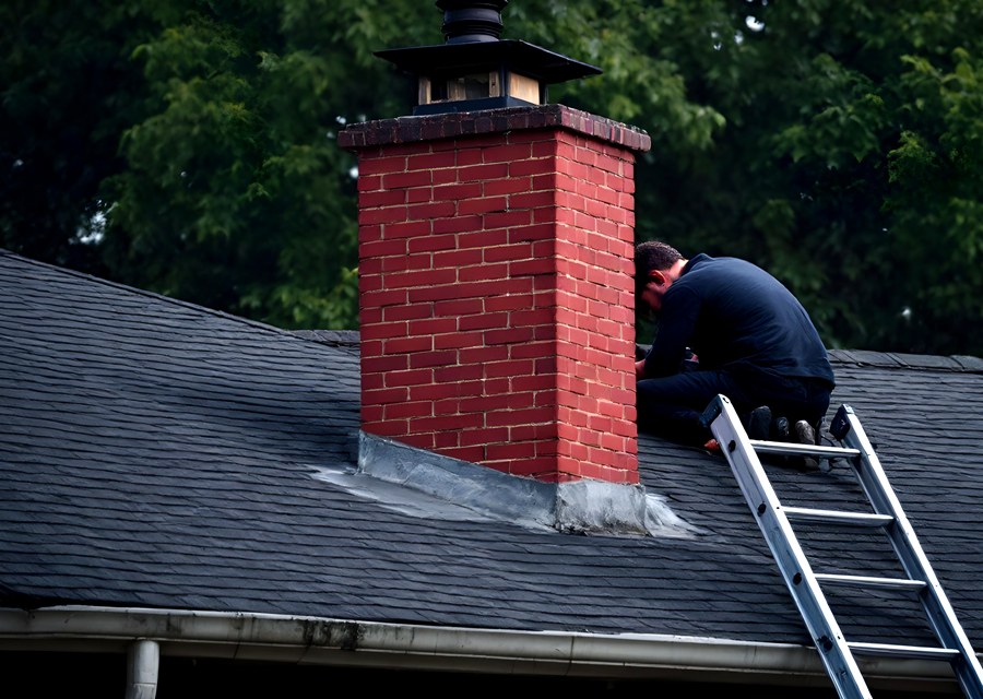 Chimney sweep at work near Gunter, TX