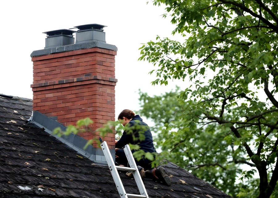 Chimney sweep at work near Monson, MA
