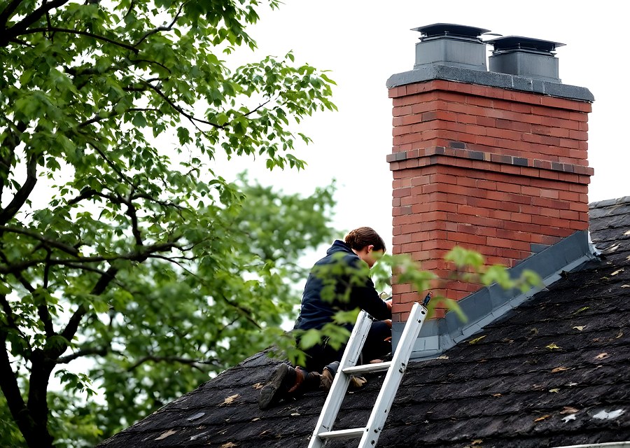 Chimney sweep at work near Keene, TX