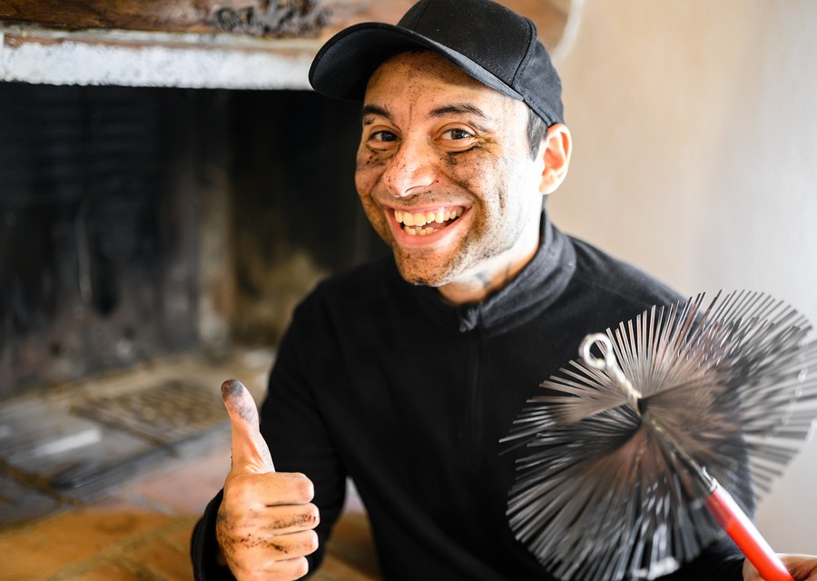 Chimney sweep at work near Cleveland, TX
