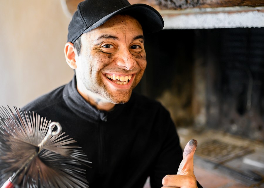 Chimney sweep at work near Hilltown, PA