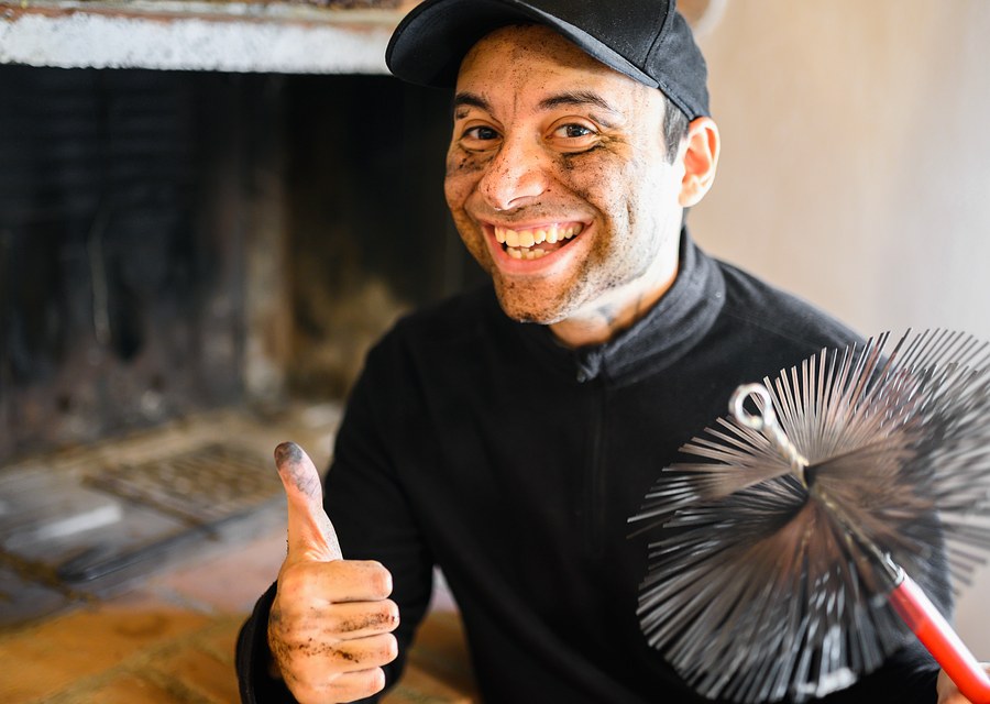 Chimney sweep at work near Tomball, TX