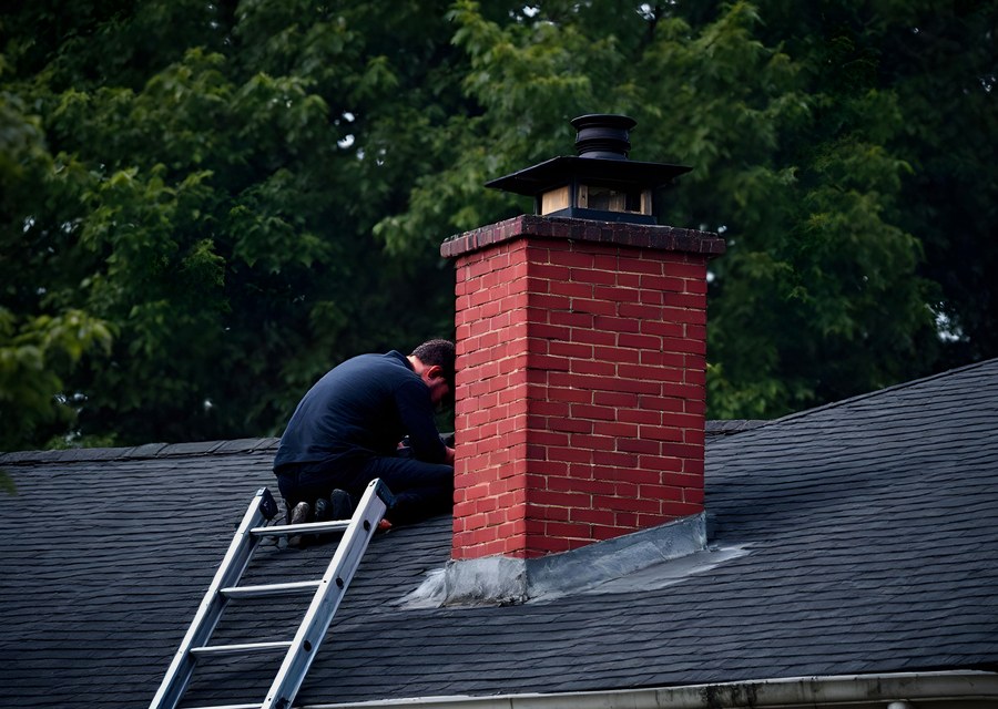 Chimney sweep at work near Wallis, TX