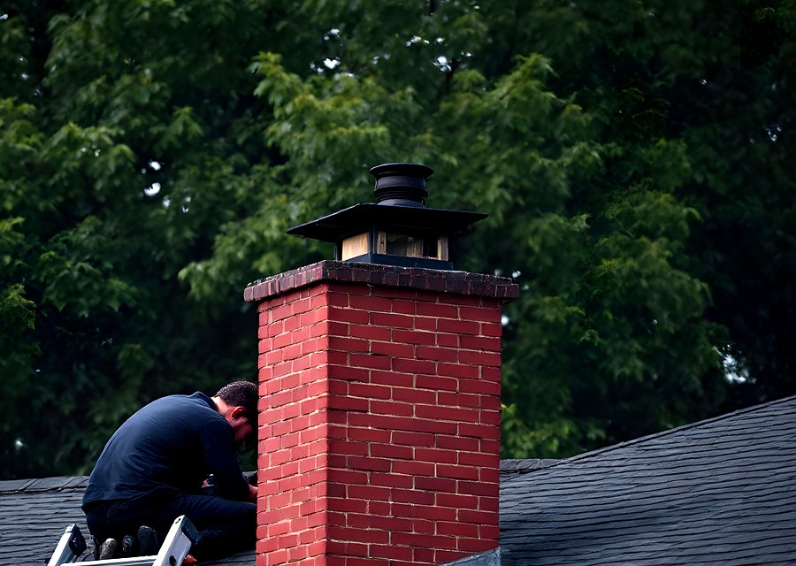 Chimney sweep at work near West Tawakoni, TX