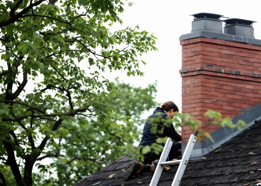 Chimney sweep at work near Tool, TX