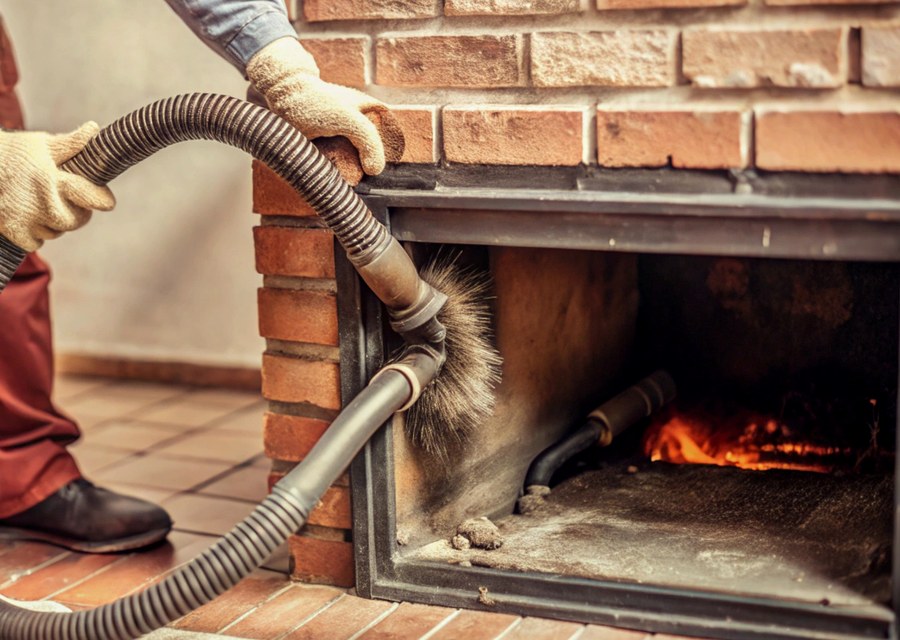 Chimney sweep at work near Dedham, MA