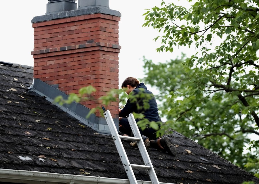 Chimney sweep at work near Sturbridge, MA