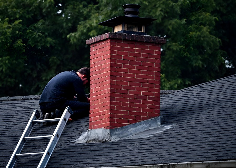 Chimney sweep at work near Adkins, TX