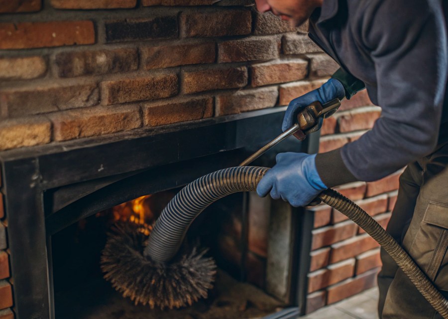 Chimney sweep at work near Dudley, MA