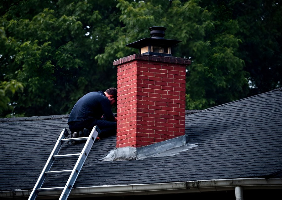 Chimney sweep at work near Pipe Creek, TX