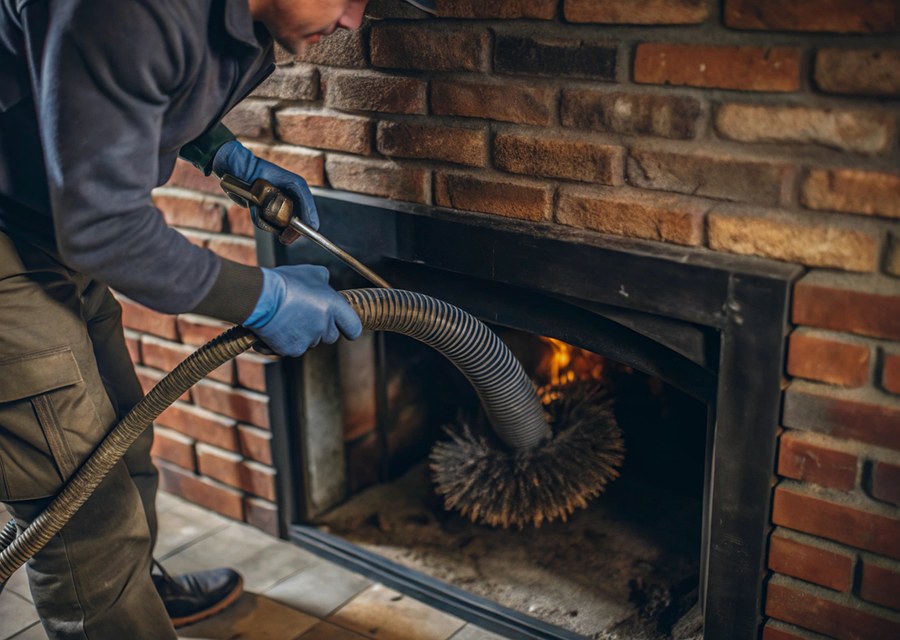 Chimney sweep at work near Danbury, TX
