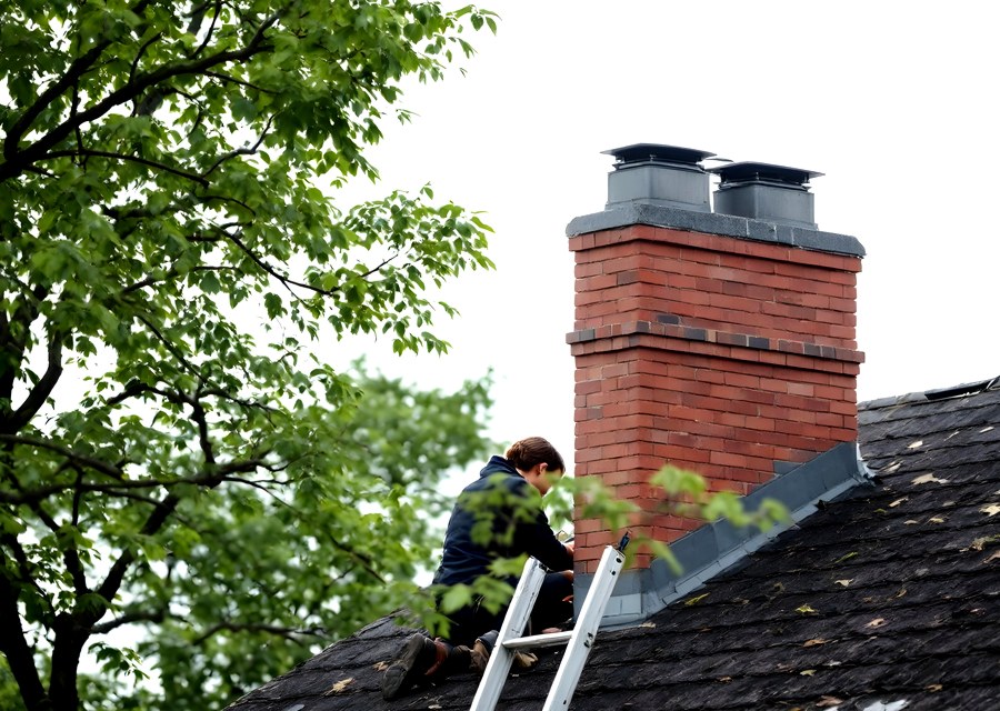 Chimney sweep at work near Reading, MA