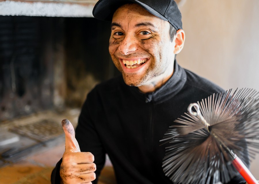 Chimney sweep at work near Hopkinton, MA