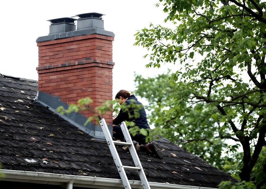 Chimney sweep at work near North Andover, MA