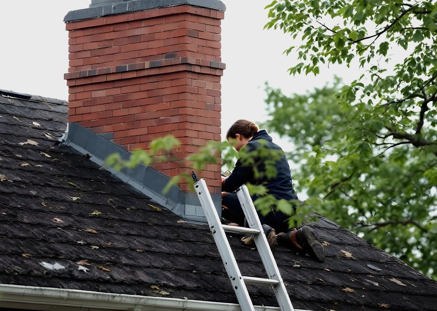 Chimney sweep at work near Comfort, TX