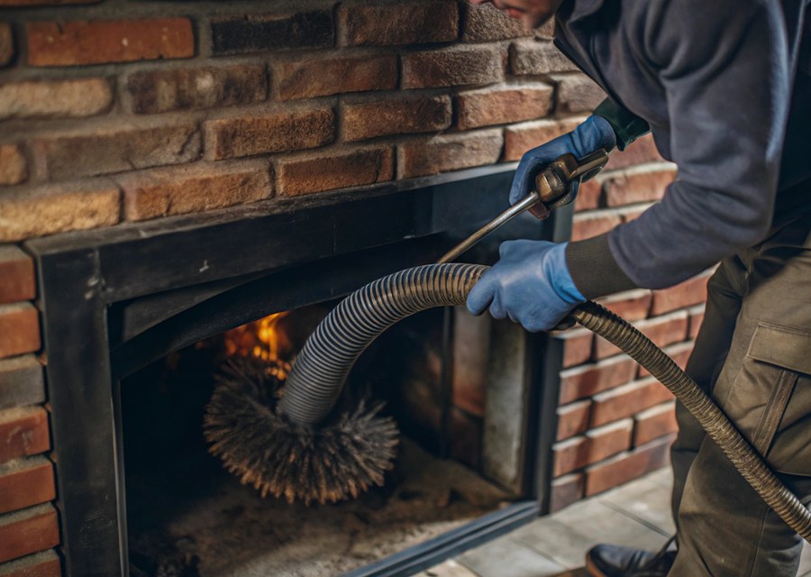 Chimney sweep at work near Sterling, MA