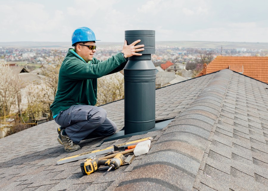 Chimney sweep at work near Barre, MA
