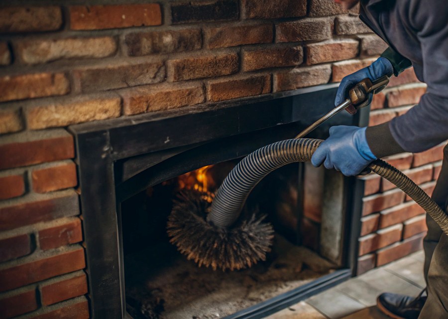 Chimney sweep at work near Sudbury, MA