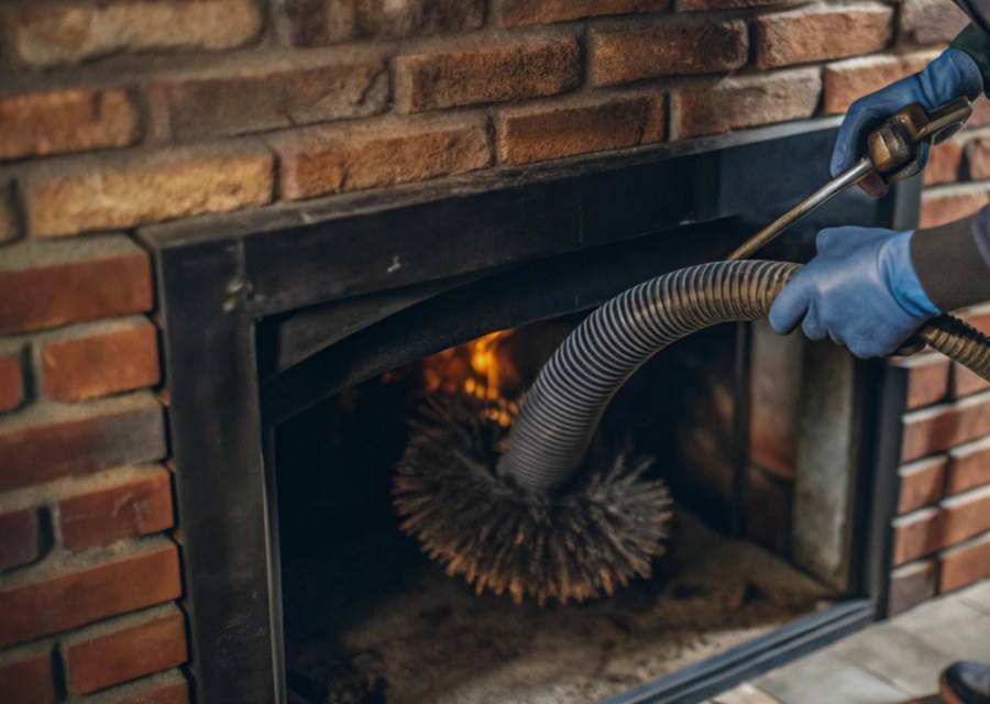 Chimney sweep at work near Auburn, MA